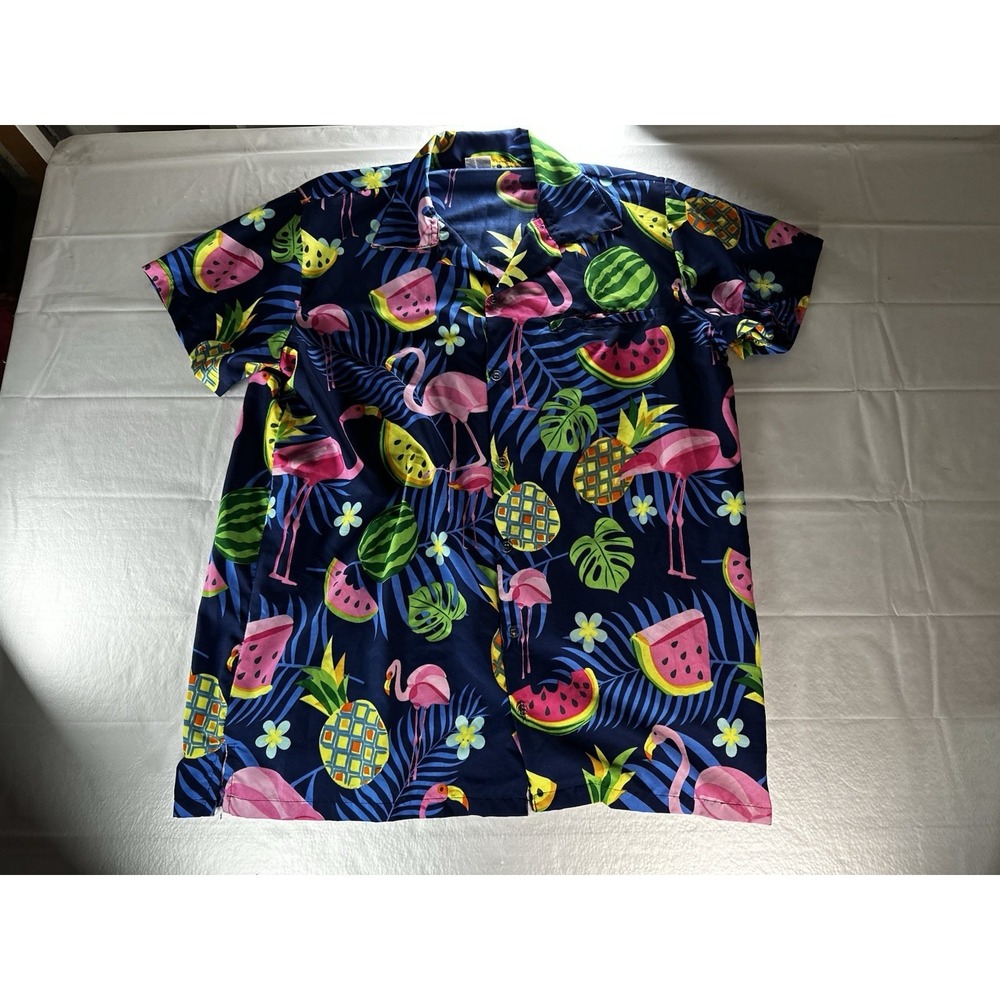 King Kameha Hawaiian Shirt Mens 2XL Blue Flamingo Pineapple Watermelon Tropical